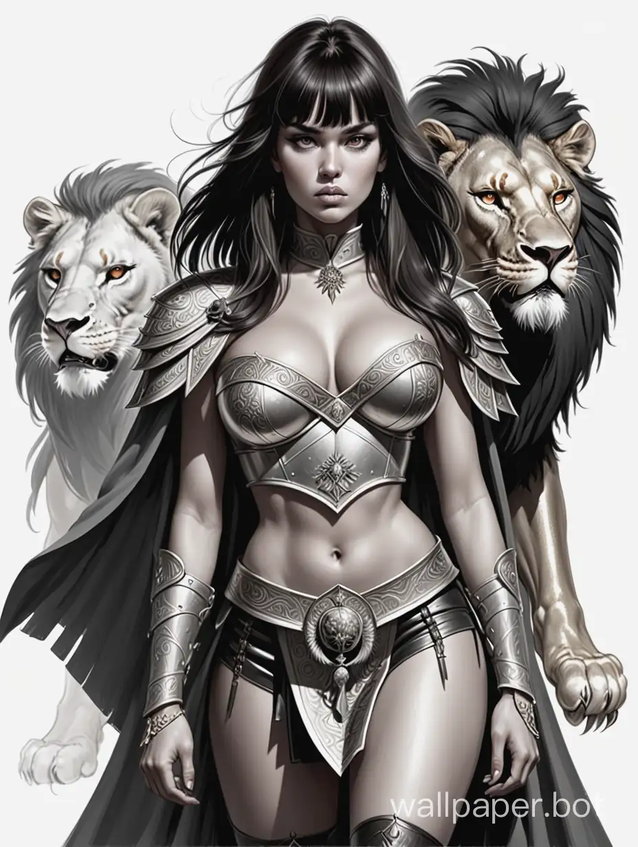 Young Irina Chashchina, eastern warrior saboteur, dark hair with bangs, large bust size 4, narrow waist, wide hips, exposed chest, bustier with lacing and lion head ornament, skirt with metallic overlays, short cloak on right shoulder, black and white sketch, white background. Nude-magic style