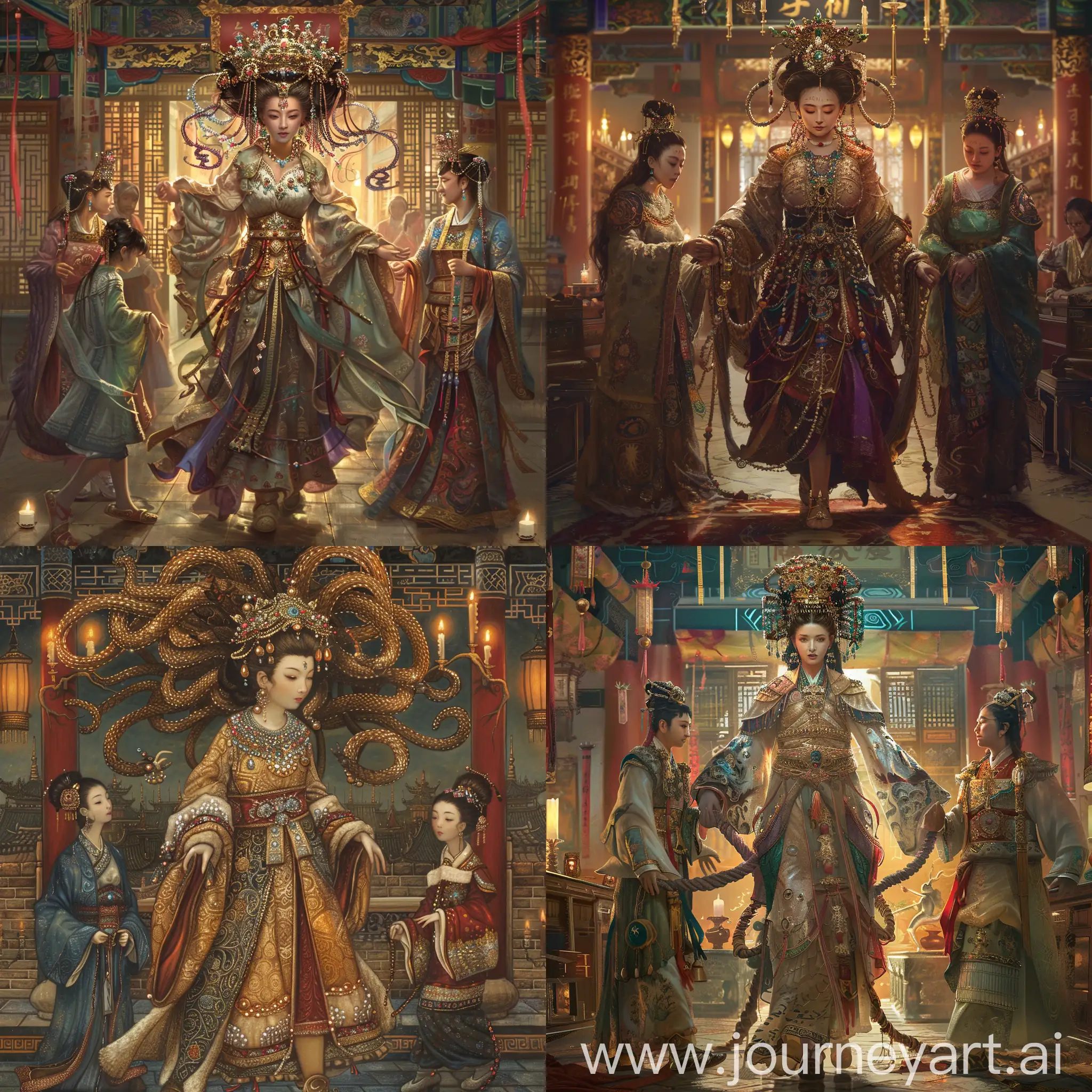 Luxurious-Chinese-Empress-Assisted-by-Palace-Maids-in-Ancient-Setting