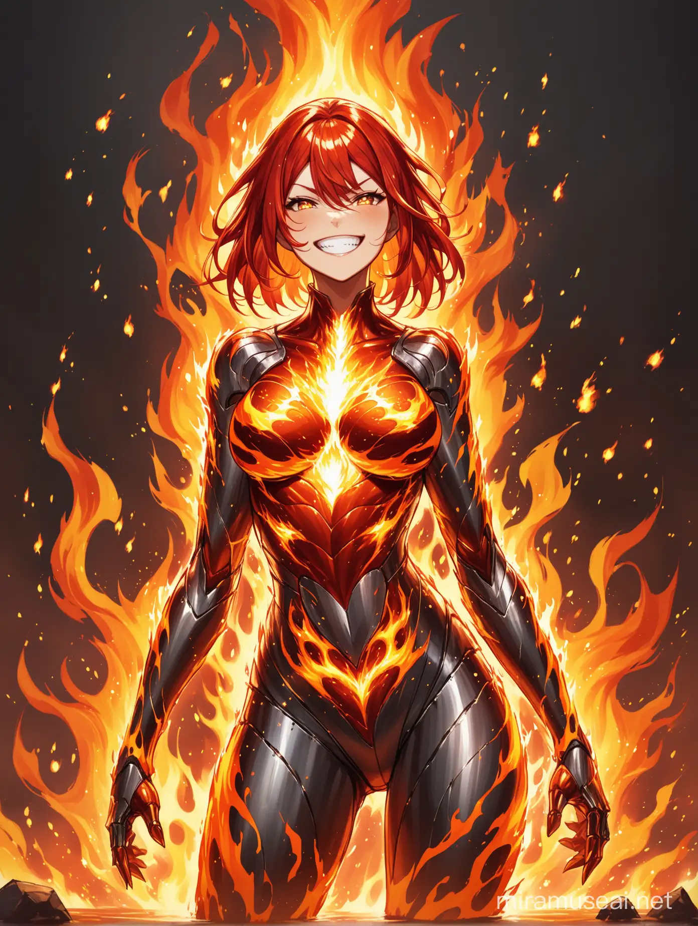 Fire elemental girl, metal body, fire splashes, grin