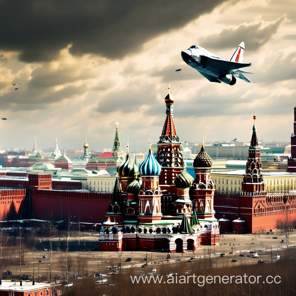 A spaceship flies over Red Square in Moscow.