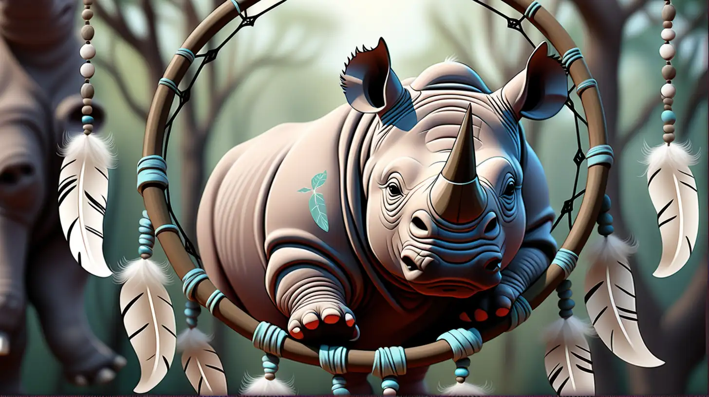 dreamcatcher background with cute rhino,
spirit animal oracle deck written in wording.



