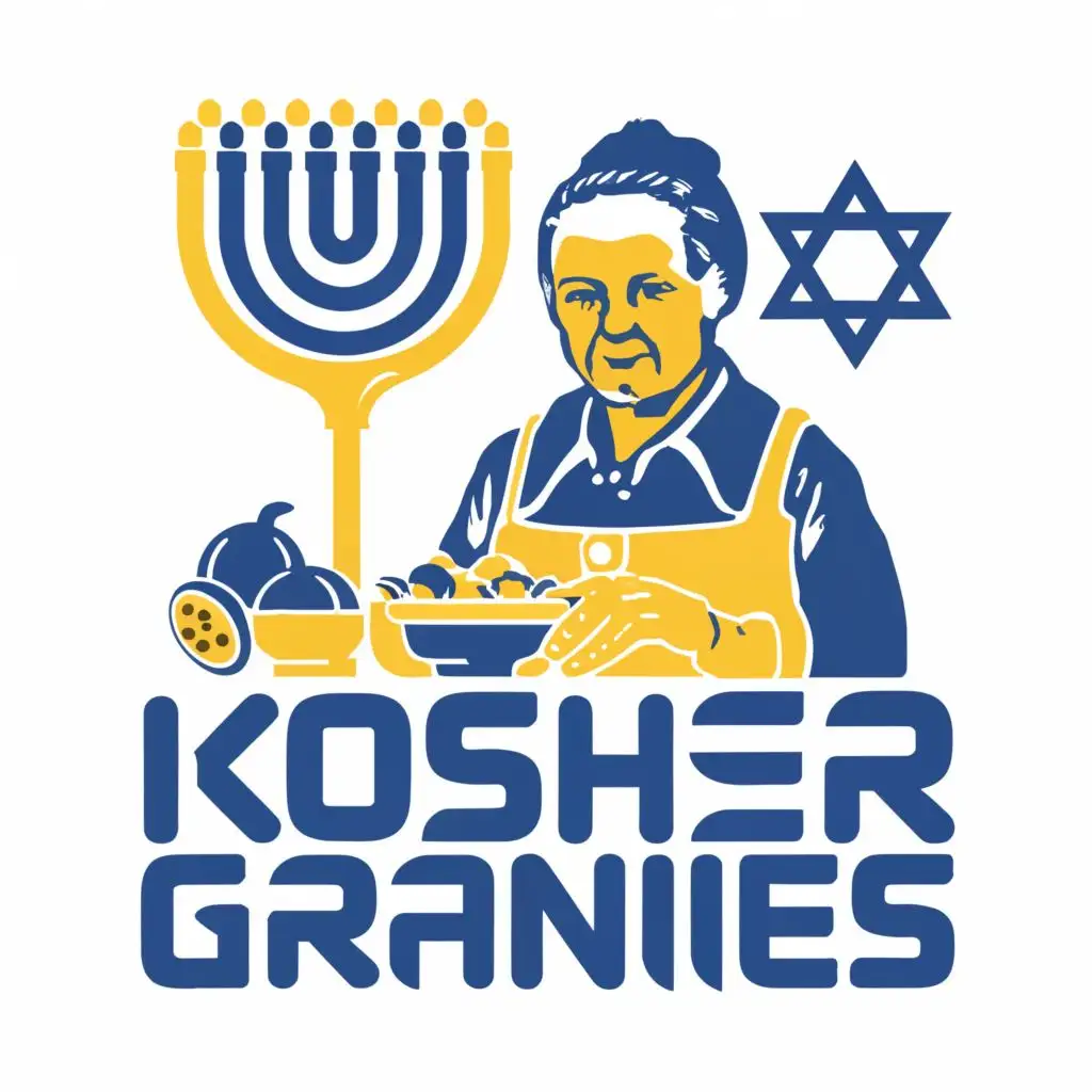 logo, Israel, yellow, blue, white, Jewish food and granny, Paul Klee, with the text "Kosher Grannies", in Portuguese tiles, typography, be used in Automotive industry