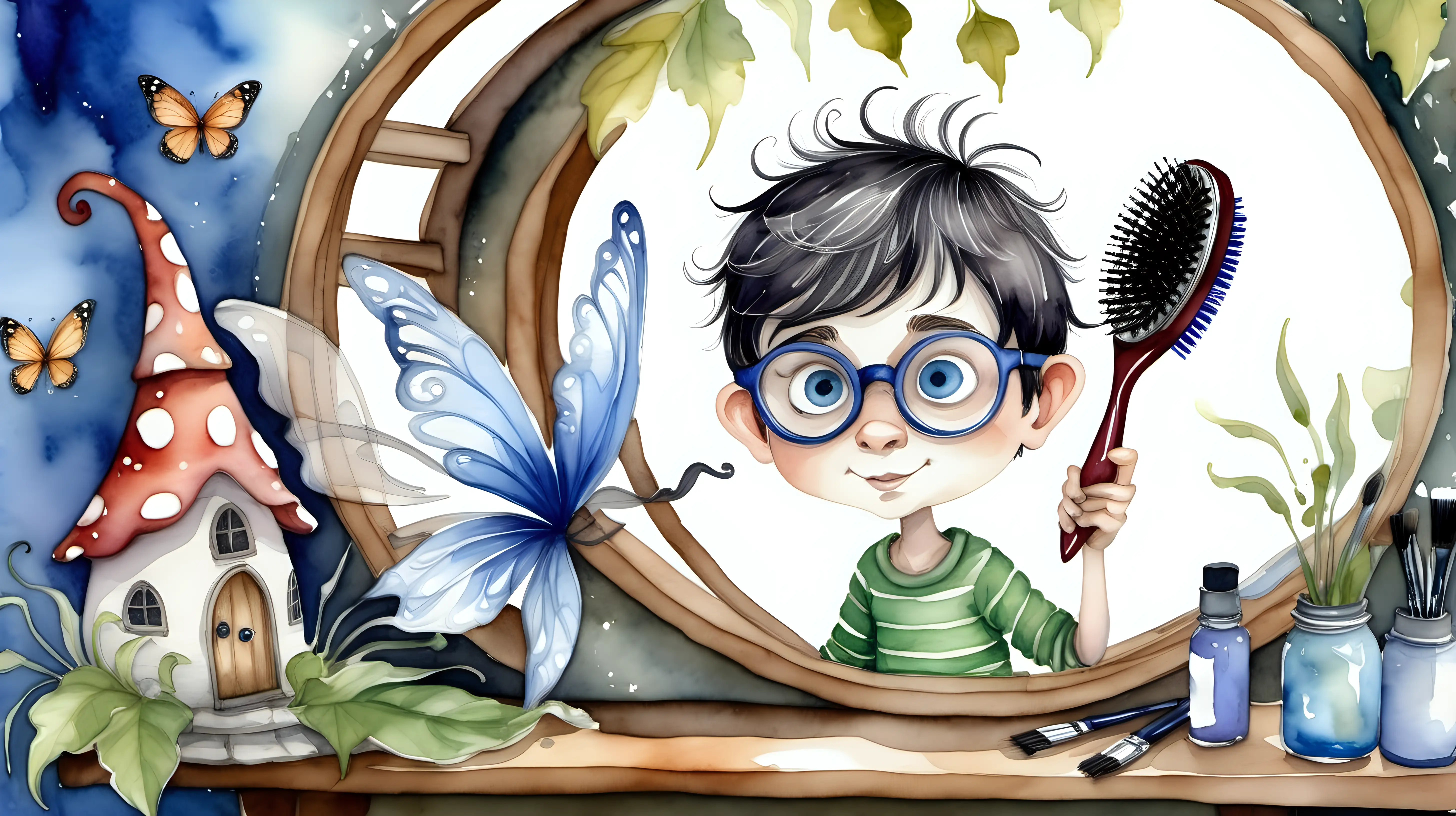 Enchanting Watercolor Fairytale BlueEyed Male Pixie Grooming in a Magical Fairy House