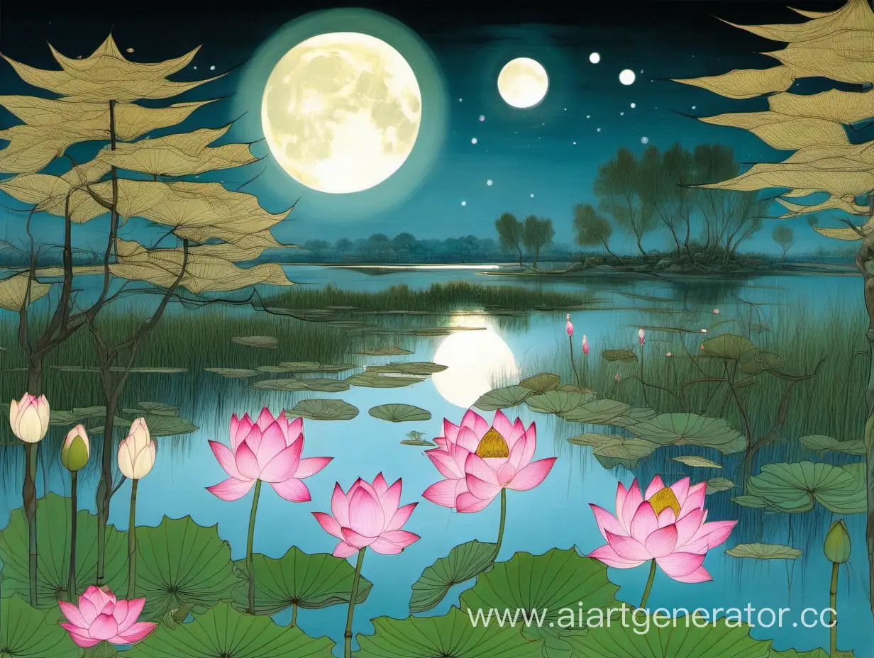 Serene-Moonlit-Landscape-with-Lotus-Flowers-and-Willow-Tree