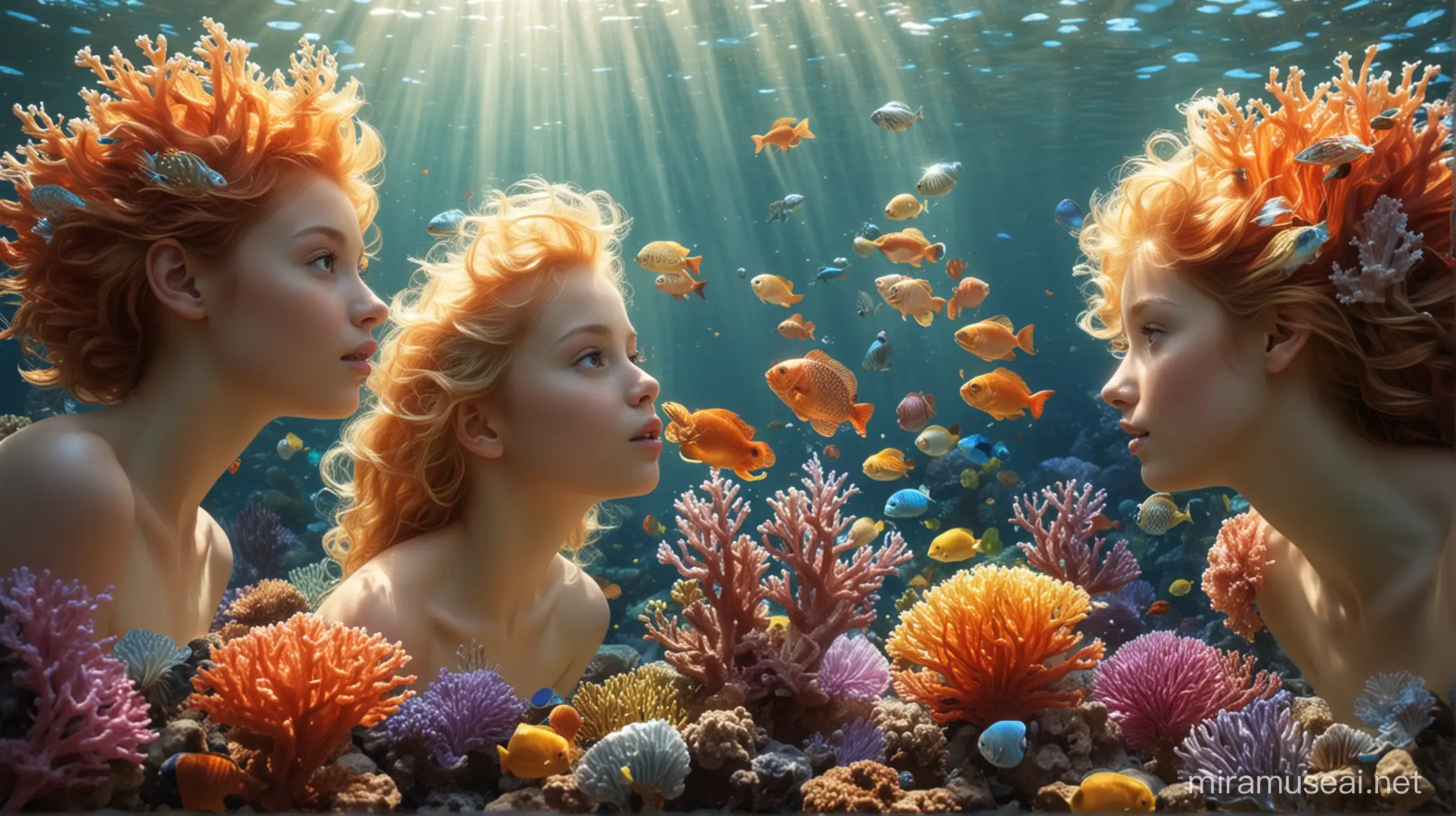 Three Young Mermaids Amidst Multicolored Corals and Shiny Fish