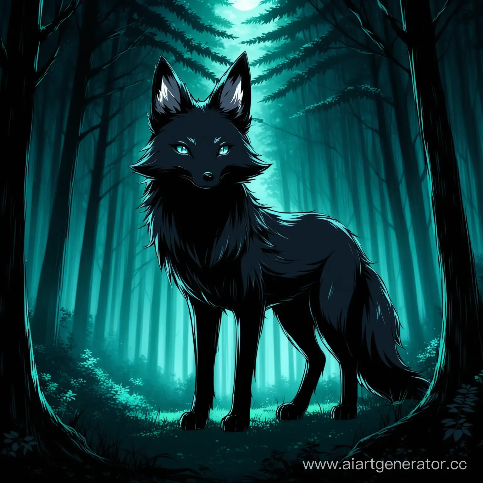 Mysterious-Black-Fox-Roaming-the-Enchanted-Dark-Forest-Anime-Style-Artwork