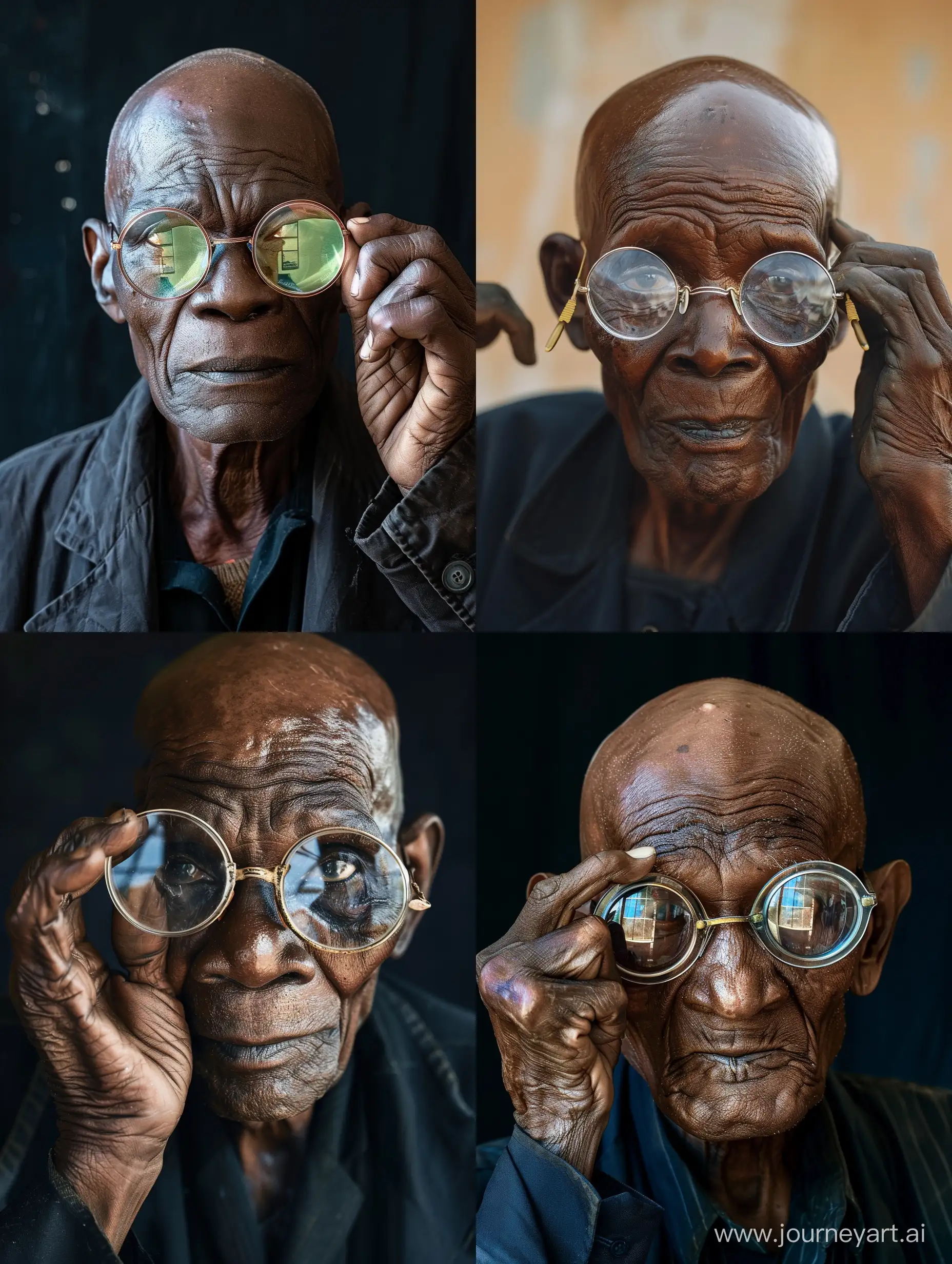 Old bald African man adjusting his old clear and very reflective round reading glasses.