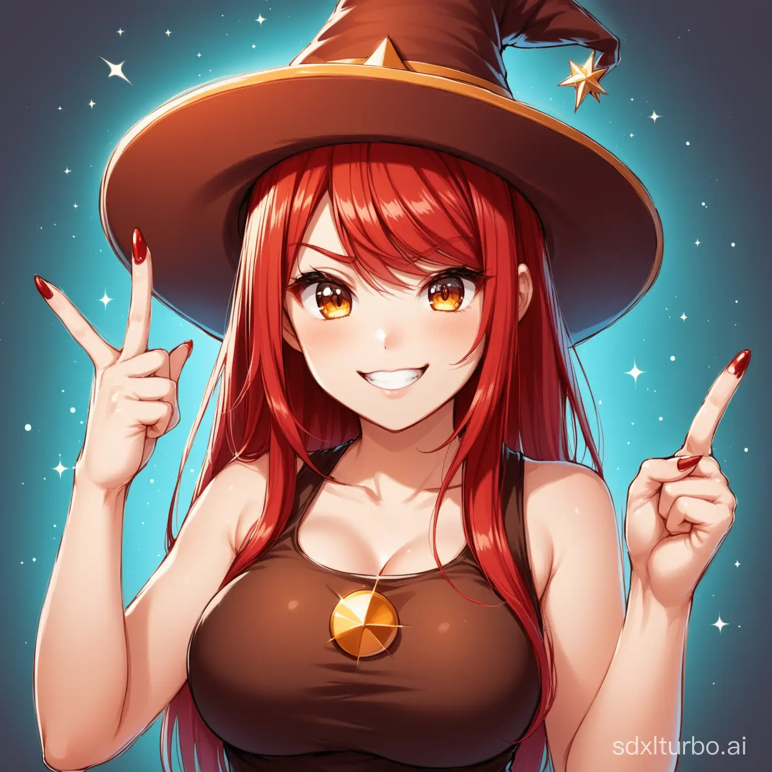 Beautiful girl with red hair wearing brown magic hat doing a middle finger