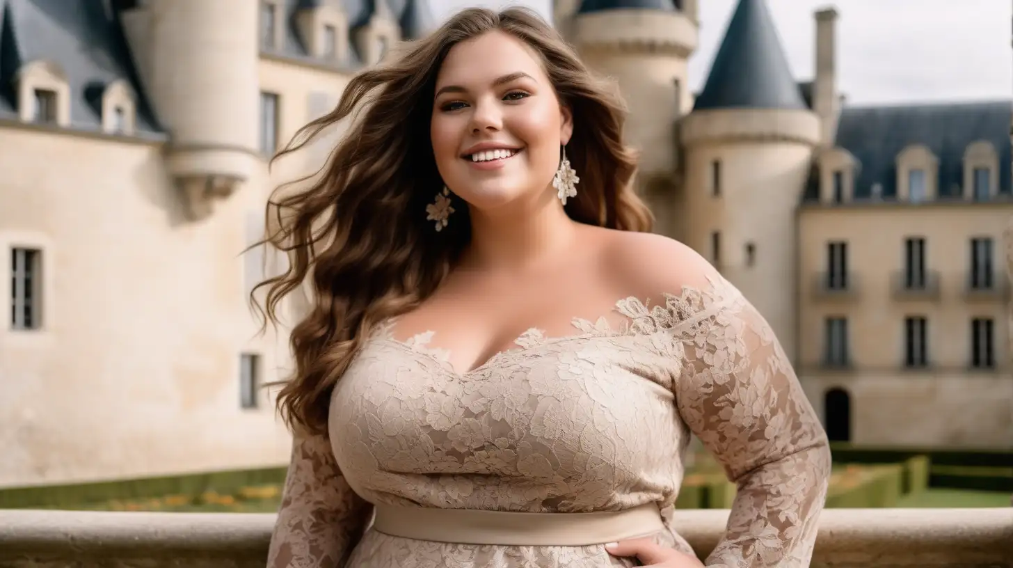 beautiful, sensual, classy elegant plus size model wearing a long lace latte color gown with a slightly flared skirt, lace latte color long slightly flared latte lace skirt,  skirt is made from the same lace fabric as a top, fitted latte bodice, off shoulder neck, long fitted sleeves, empire defined waistline with a waistband tonal to the dress, very slight romantic smile, no open teeth, hair is flowing in the wind, luxury photoshoot inside a castle in France, flowers in the background
