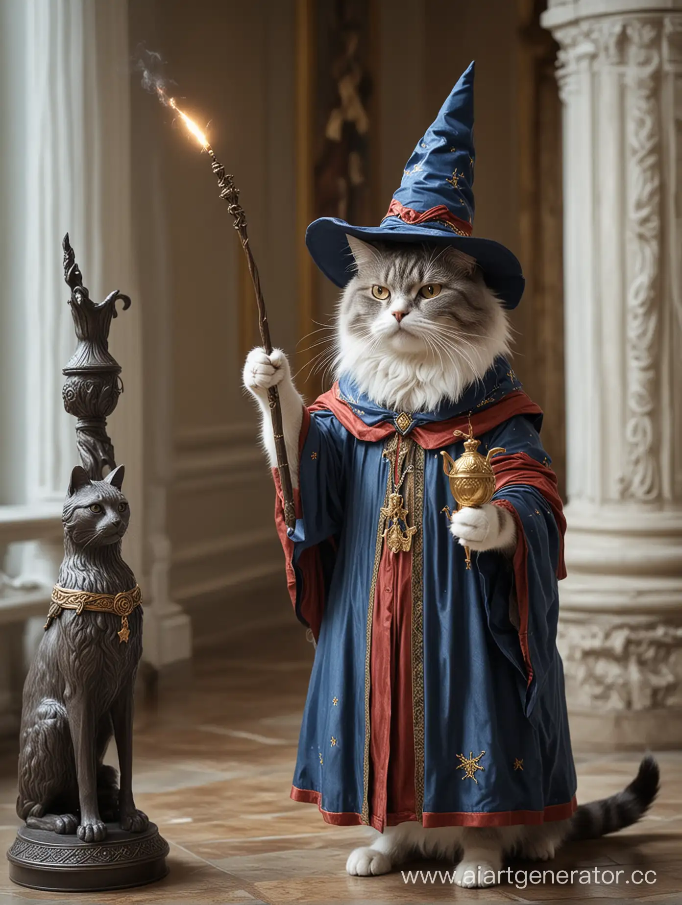 Кот волшебник, одетый, как волшебник, оживляет статуи в Эрмитаже волшебной палочкой