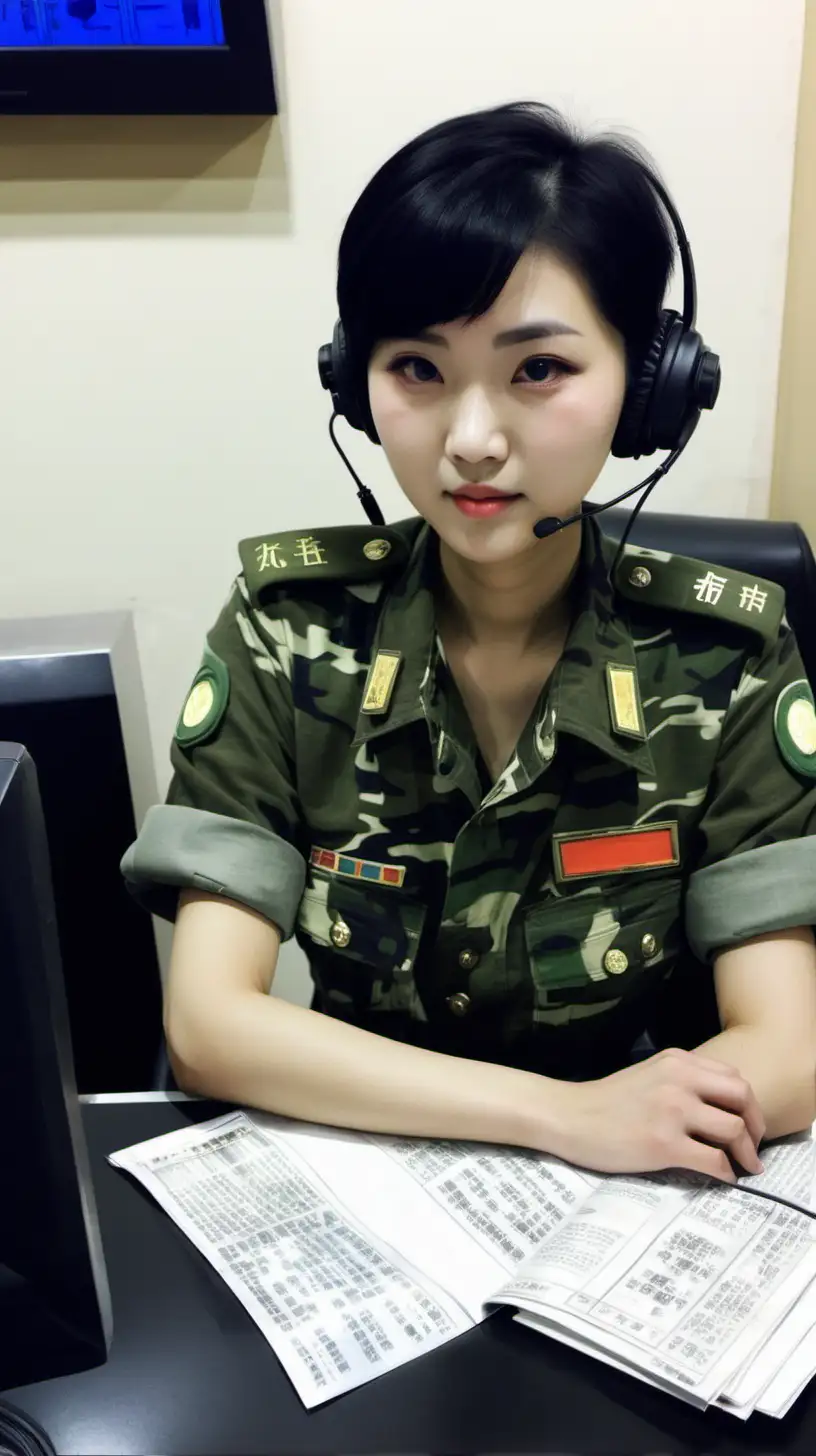 中国女兵
黑色短发
青年人、
长相甜美
camouflage undershirt
immense boobs
在广播电台
坐着