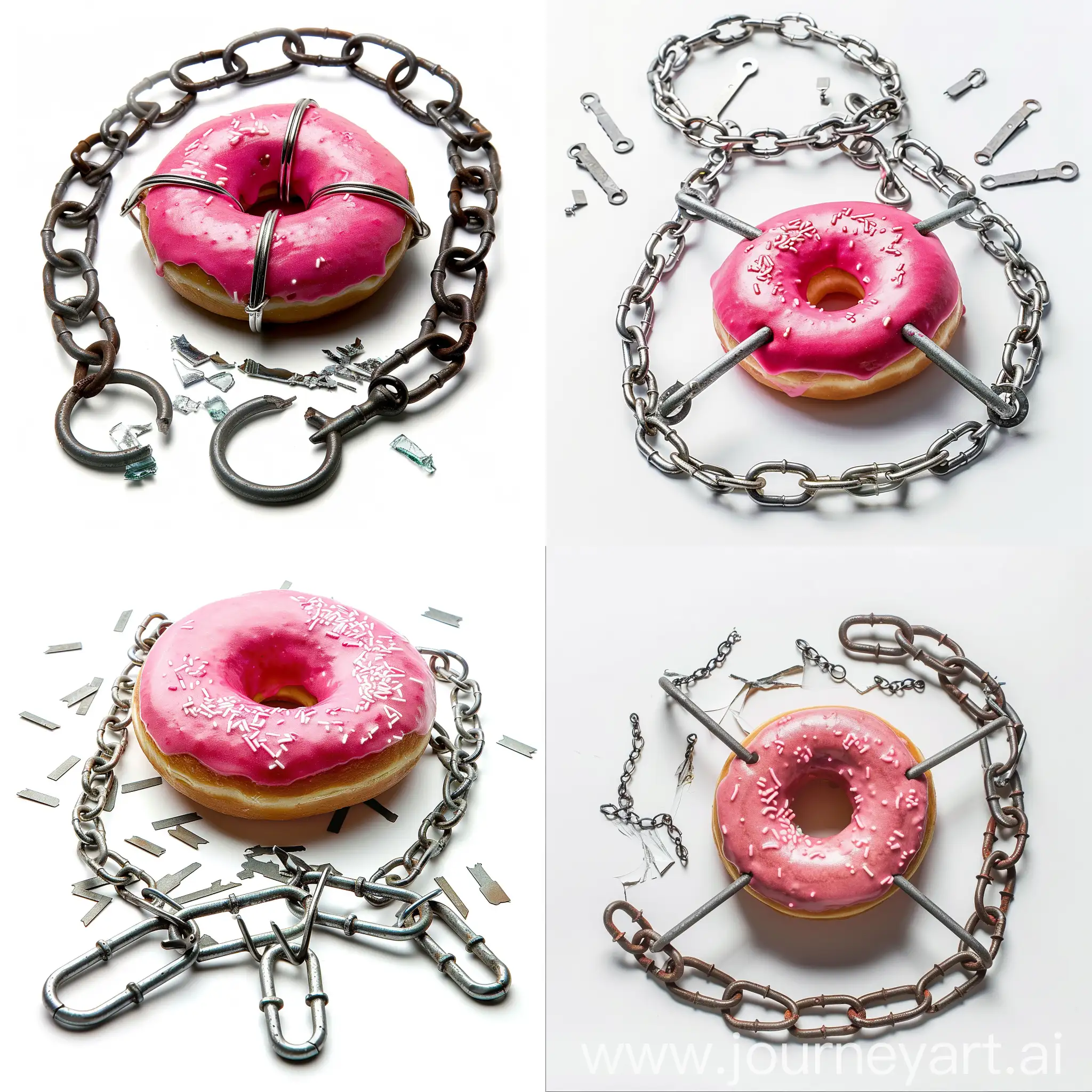 Broken-Chain-Links-Surrounding-Shackled-Donut-on-White-Background