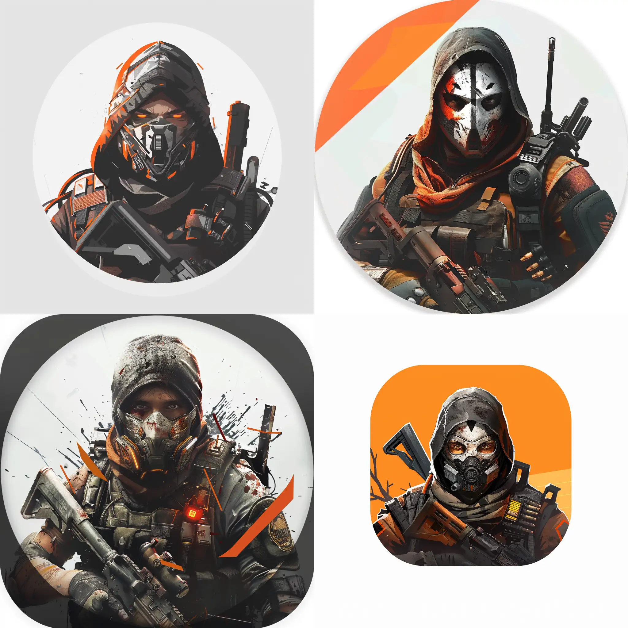  !A square gamer profile picture logo suitable for use on Steam and Ubisoft platforms. The logo should feature the character ‘Recruiter’ from The Division 2 game, centered in the image. The character should be depicted wearing a hunter mask and holding a weapon. Ensure that the background is minimalistic, with the focus solely on the character. Please make the image high-resolution and suitable for both square and circular display formats.
