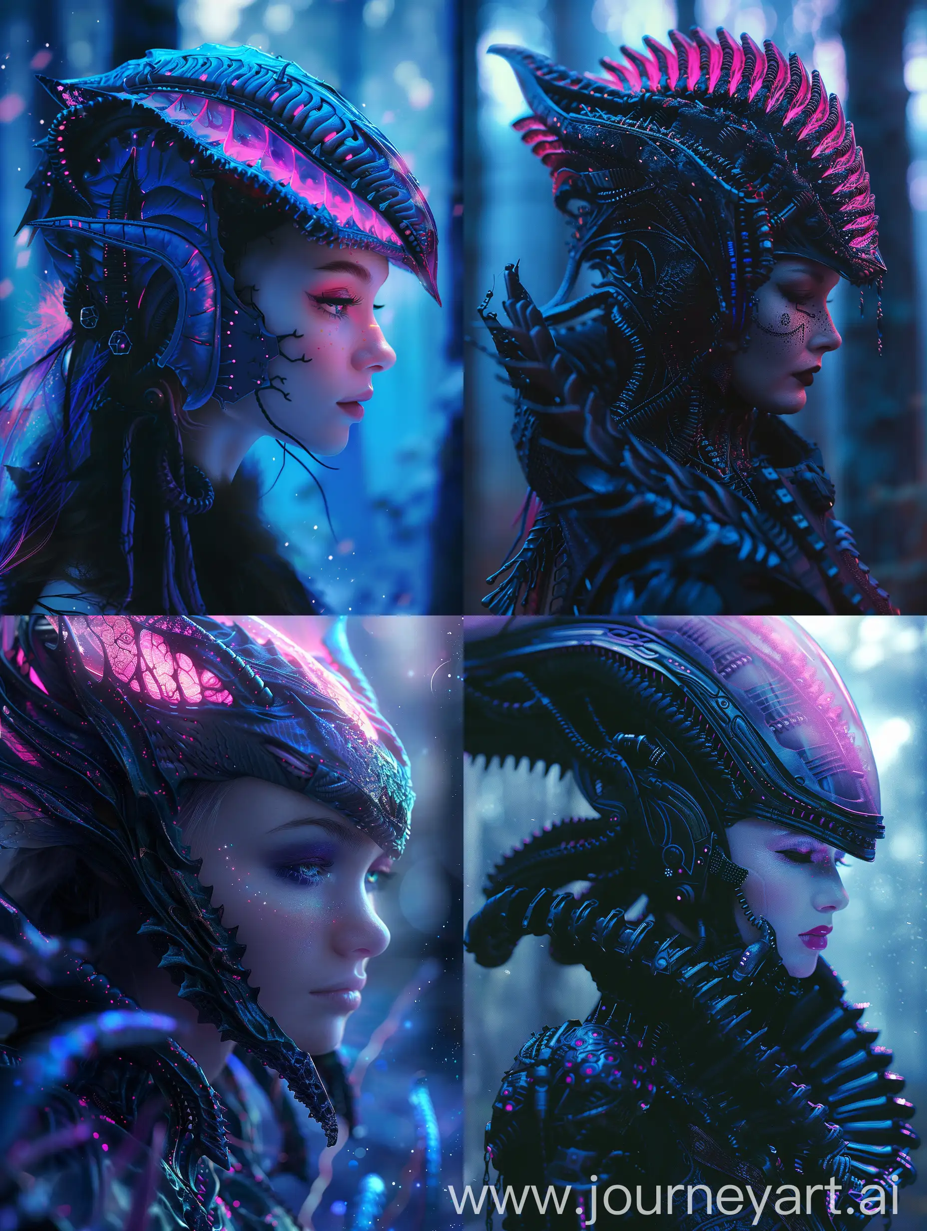 Elf, fairy, beautiful, darkness, potrait, realistic, high detail, ultra quality, with subtle pink and blue gradients, xenomorph, cyborg, Moonlight enveloping attire forest.