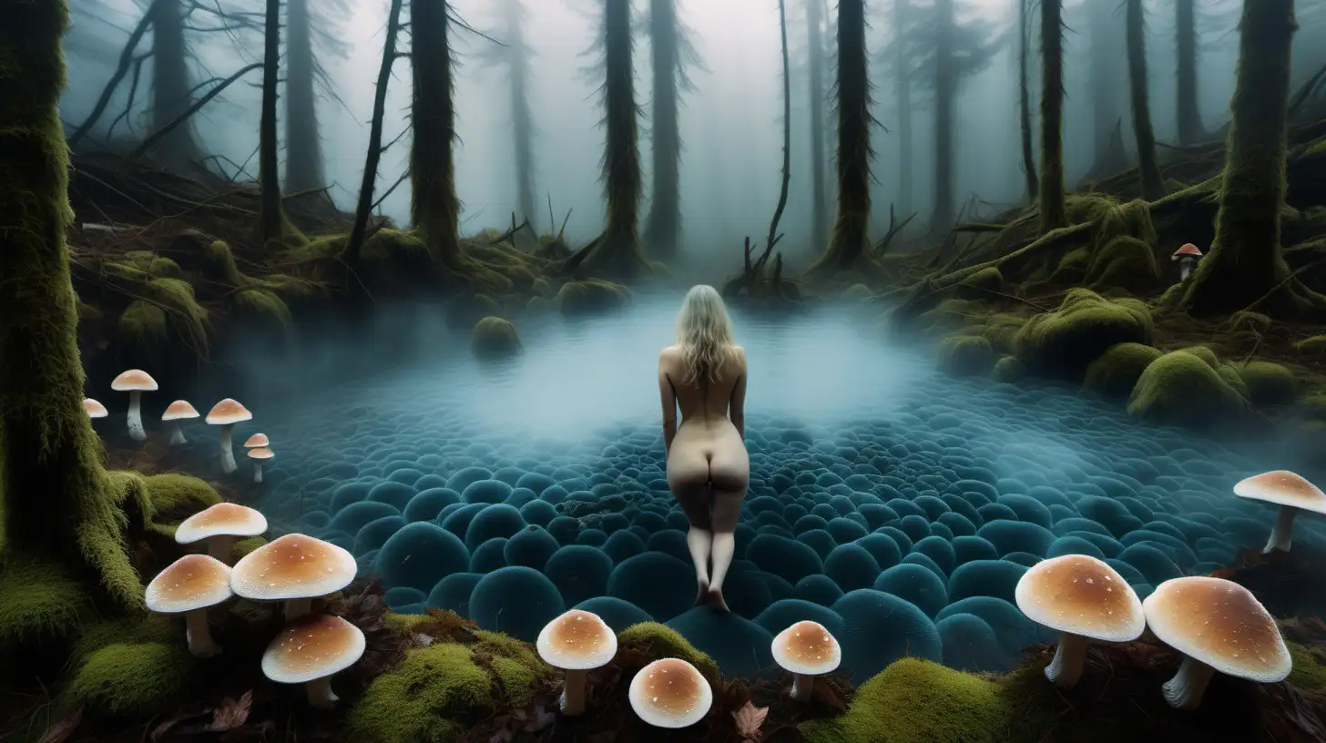 Psychedelic mountainous Forrest landscape, large crystalline bluish minerals, nude woman in center, Moss, foggy mist, water on ground, large fleshy striated mushrooms, taken with DSLR camera, vast, realistic lighting