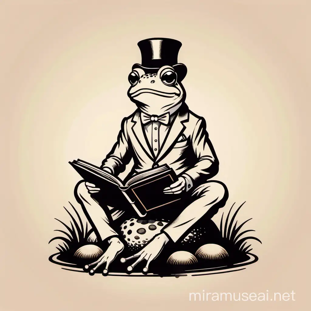 Vintage poster design, stencils, simple, minimalism, vector art,,  Sketch drawing, flat, 2d, vintage style, Frog wearing a suit sitting on a mushroom reading, holding a book, black and white color
