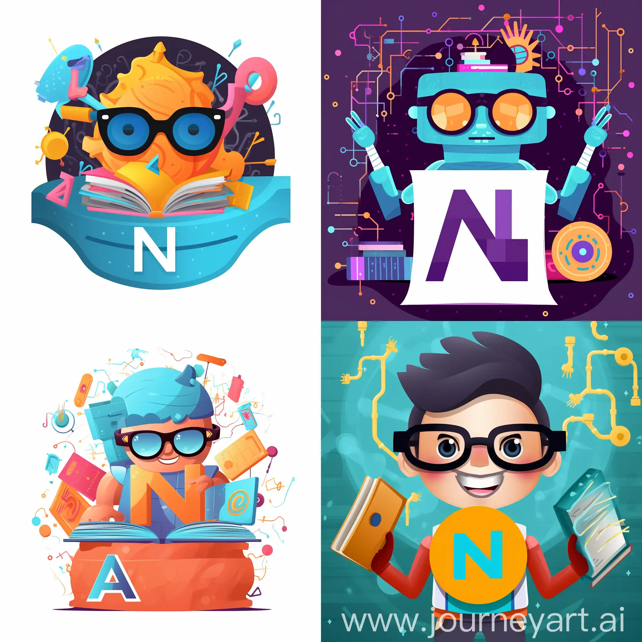 An AI e-learning platform logo featuring a friendly robot mascot named N+AI, with N+AI wearing glasses and holding a book, surrounded by digital elements like binary code and gears, set against a backdrop of a stylized circuit board, Artwork, digital illustration with vibrant colors and detailed textures, --ar 1:1 --v 5
