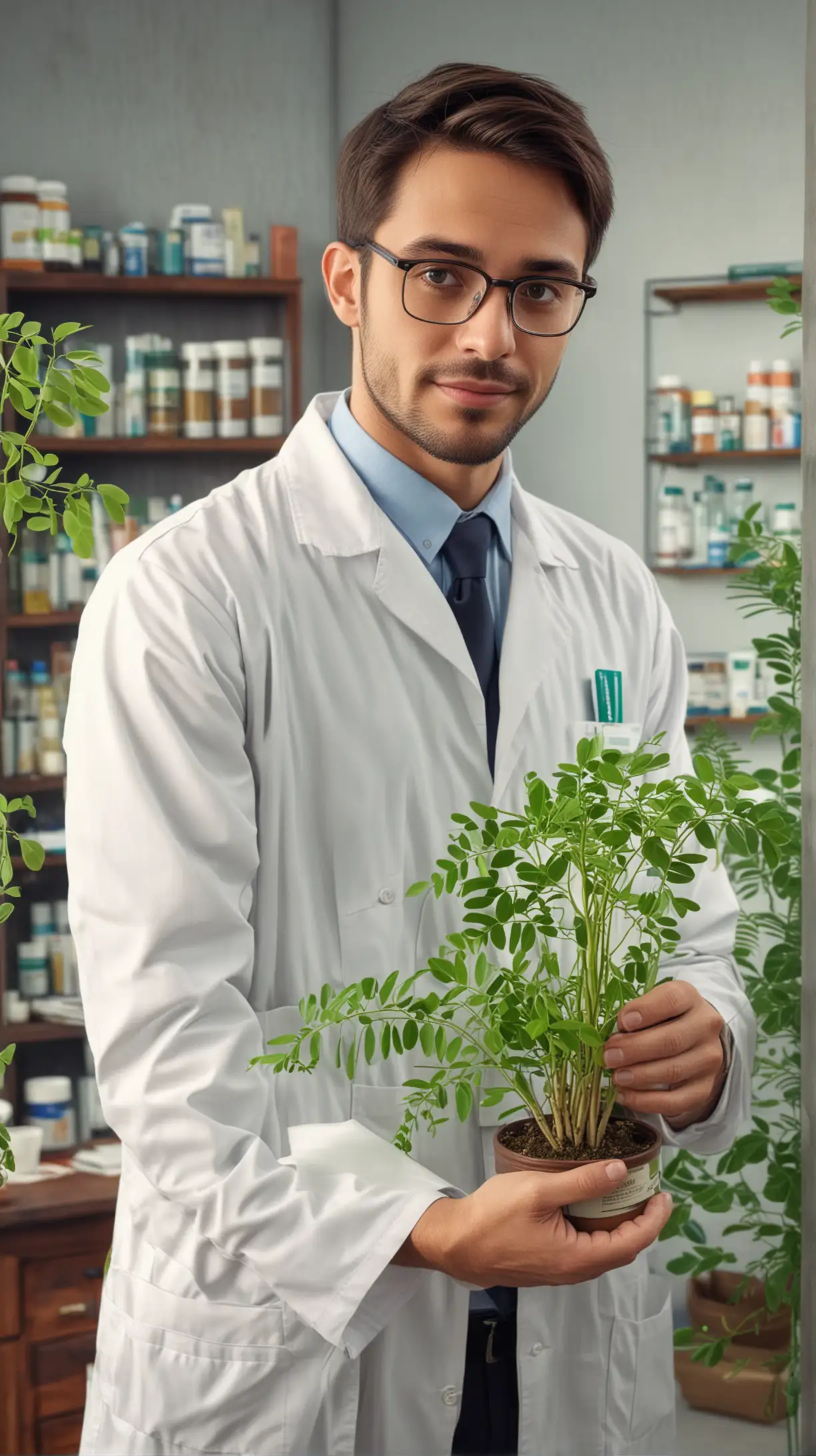 Pharmacist Concealing Moringa Plant in HyperRealistic Pharmacy Setting