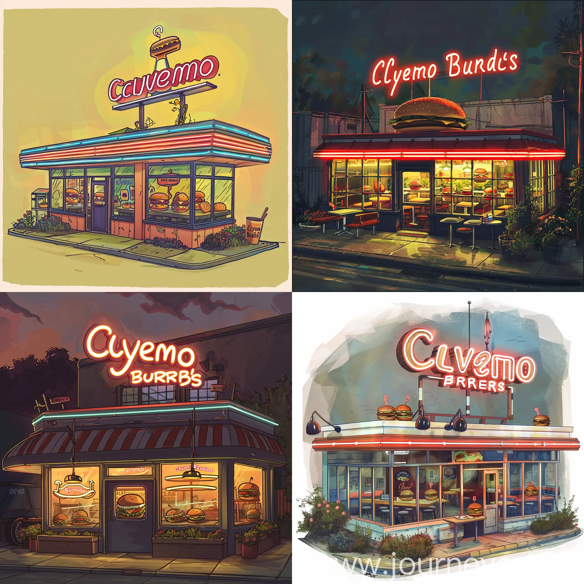 draw the fast food restaurant Clydemo Burgers is outside and on top of the restaurant there is a neon sign Clydemo Burgers