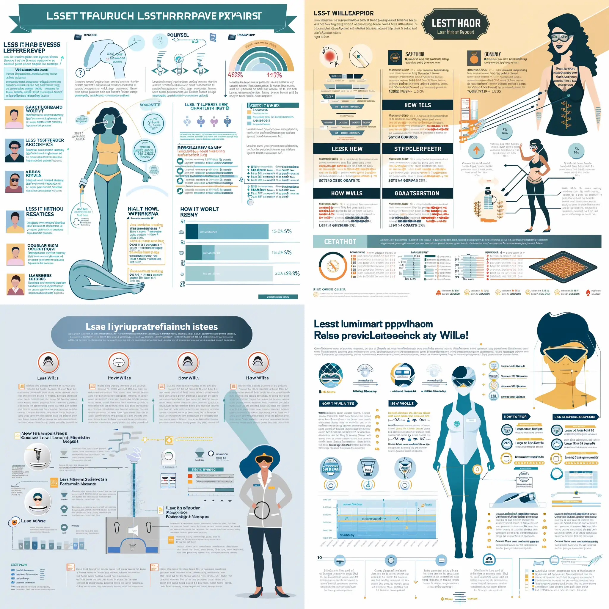 /imagine prompt: An infographic explaining "Laser Hair Removal" for face, underarms, arms, legs, bikini area, back, chest, and abdomen. Outline the science, safety standards, and patient satisfaction rates. Use patient journey maps, safety certification icons, and a global satisfaction chart. Include a 'How It Works' section with step-by-step visuals of the process. Created Using: Scientific illustration style, patient journey mapping, certified iconography, step-by-step procedural visuals, clear data charts, engaging narrative flow --ar 1:1 --v 6.0