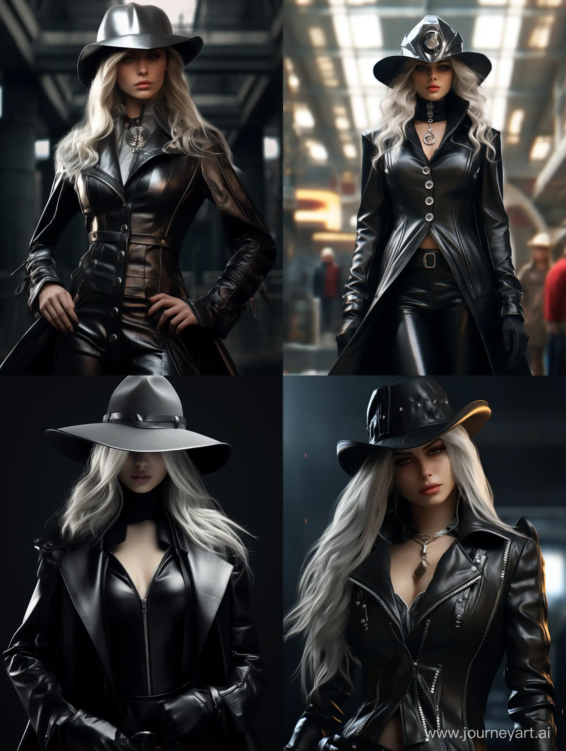 Iron girl wearing black coat hat long silver color hari and giving a stylish pose raw style 8k, epic realism