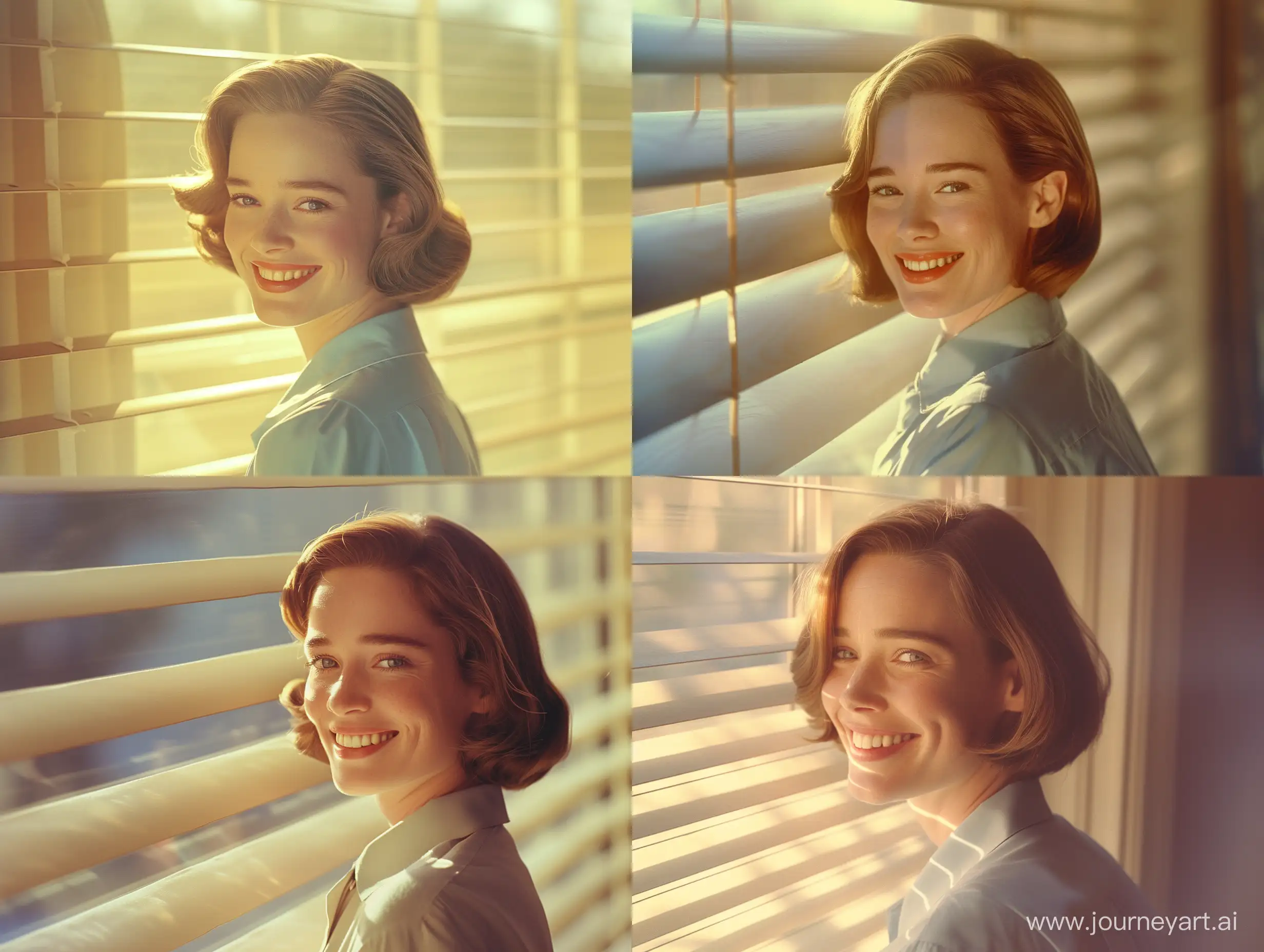 a young Emily Blunt in a 1950s portrait, hair pulled back, bob shoulder length haircut, smiling, collared shirt, award winning photo, Style: Analog Film, morning sunlight through blinds, smooth light