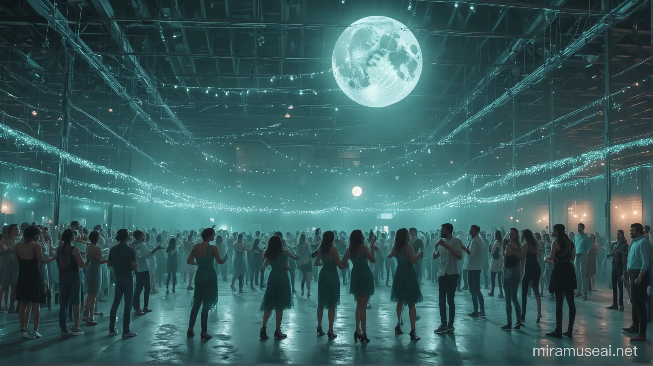 An old warehouse in the night hosting a party with a crowd off diverse gen-z people dancing under one giant moon, illuminating in a turquoise color, and hanging under the ceilling. The room is filled with a foggy atmosphere. The room is decorate with stylish silver foil and turquoise coloured details