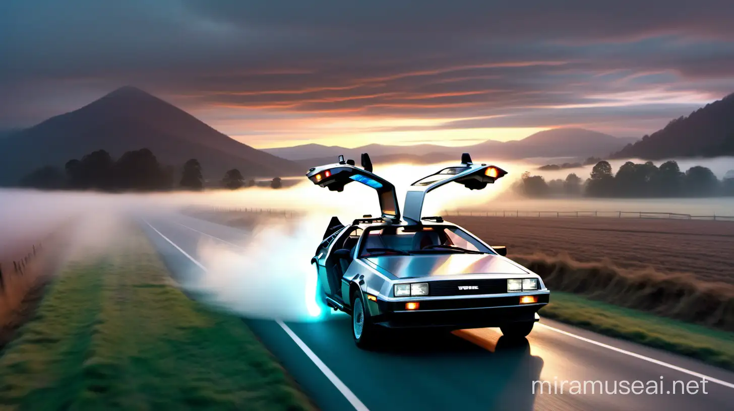 Foggy farmland scene, with a 'back to the future' movie delorean inspired car  driving along a road in the middle, mountainous background, dusk