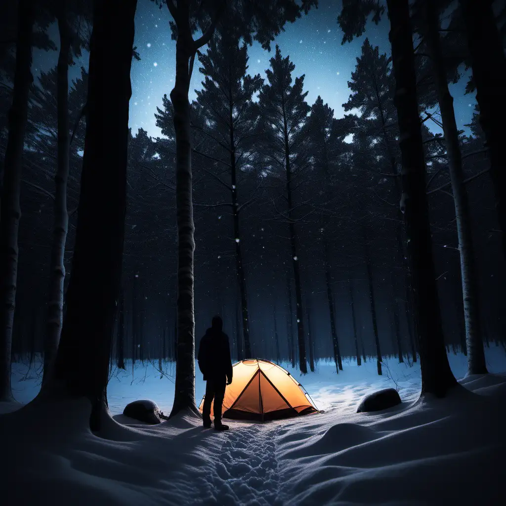 limited light from a tiny tent in complete darkness, male silhouette, snow night forest scenery