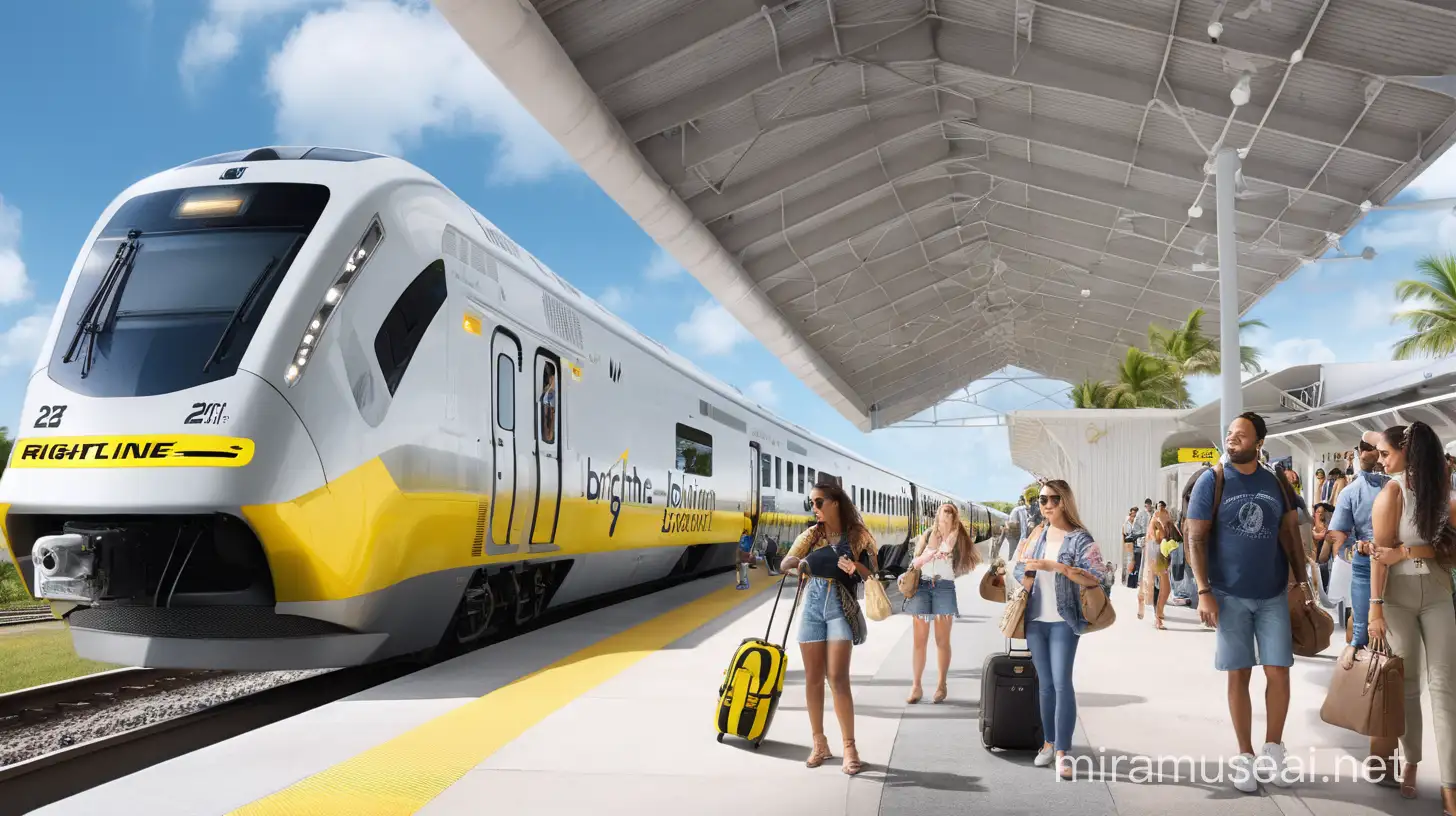 brightline train is on the station and people are waliking at the station
