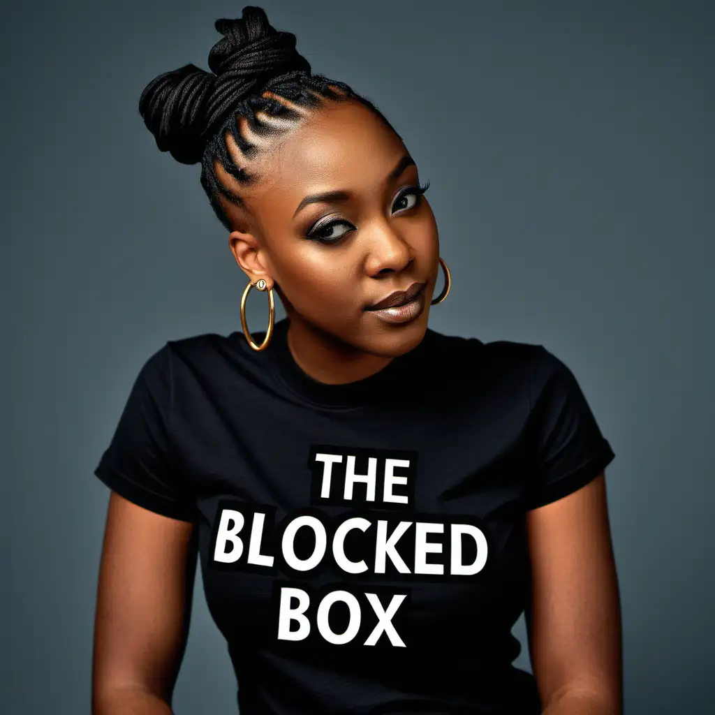 modern Black man with with black locs in top bun wearing a t-shirt with the words "The Blocked Box"  on his shirt in a fashionable way. Make sure each word in quotes is on her shirt design. Make sure that the words on the shirt are complete and spelled correctly. He should be using a high fashion pose to show off the words on the shirt.
