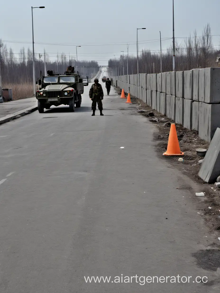 A military checkpoint with concrete blocks and road fences blocks the track. He has people in military uniform in balaclavas. Perhaps they were from civil defense. The post blocked the highway that leads to the city of Novodmitrovsk. In the dal, residential buildings were visible, quite high, floors so 12 for sure. The road was completely empty. And there was light smoke on the sides.