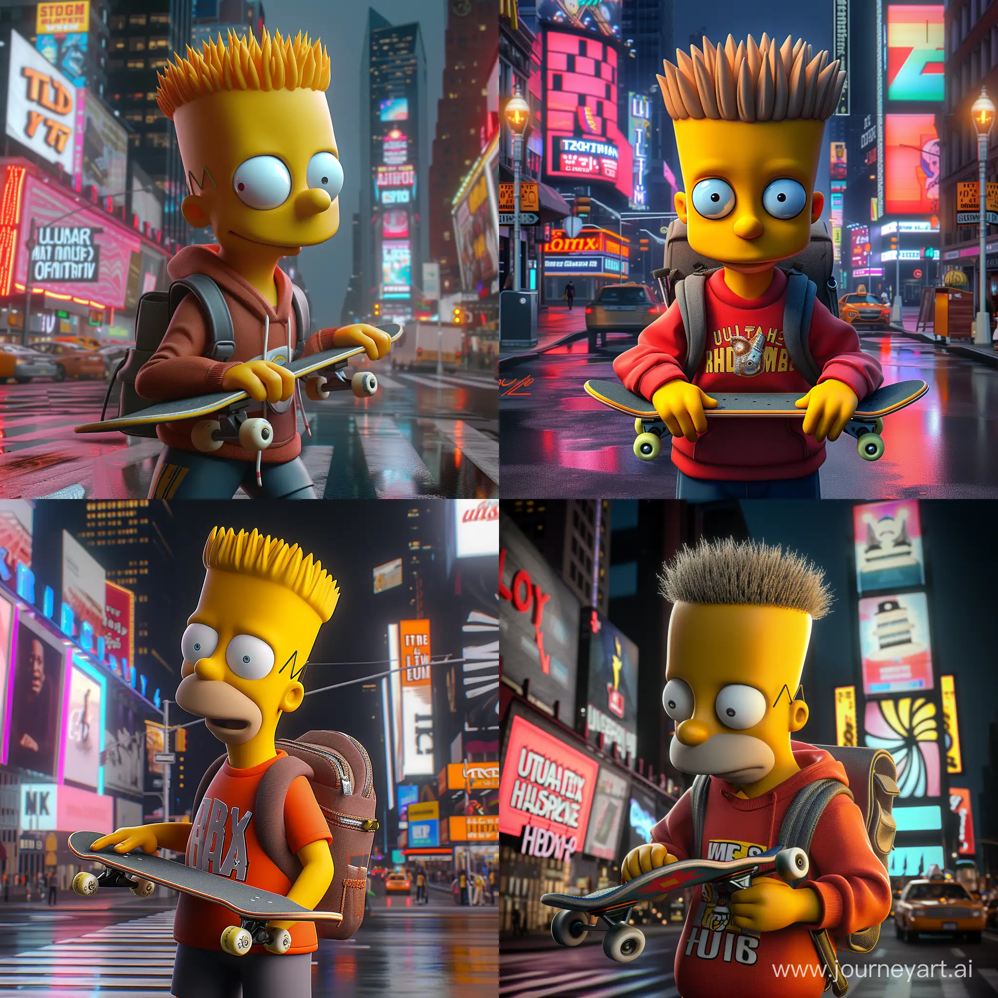 Bart Simpson in real life, with a skateboard in his hands and a backpack on his back. He is dressed in standard cartoon clothes, with timesquare and neon signs on the background. The time of day is night. the reflex of light on the face ultrarealism, HDR, HBAO, ULTRA HD, subsurface scattering