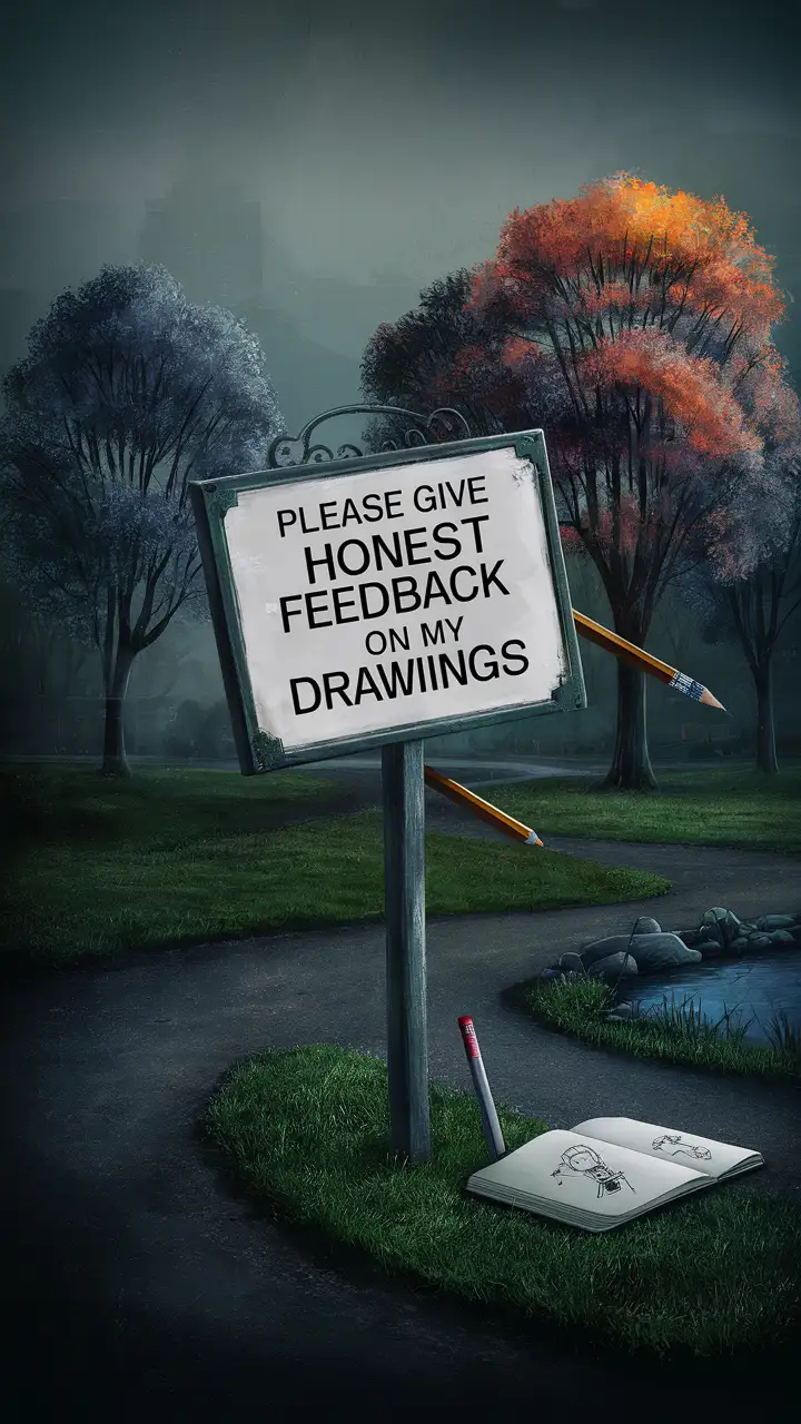 A small sign board near a park that reads, "Please give honest feedback on my drawings". Vector Style. Hyper realistic. Create mildly dark atmospheric images inspired by noir games,Beautiful,  mildly colorful, and Terrific park background.
