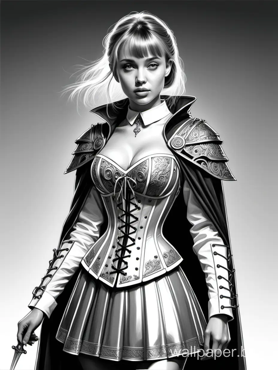 Young Angelina Dimova. Russian, warrior volunteer, short light hair with bangs, large breasts size 4, narrow waist, wide hips, corset with lacing and steel ornamentation, Skirt with metal overlays, short cloak on the right shoulder, black and white sketch, white background, style Julia Bell