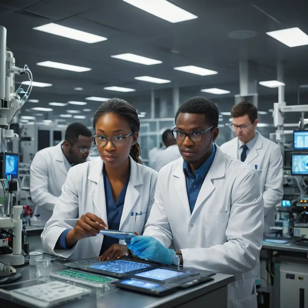 Dive into the world of medical science. - Cutting-edge research - Real-life applications - Inside a bustling, high-tech lab filled with glowing screens and advanced equipment, nigerian researchers in lab coats are intently focusing on a breakthrough vaccine development - 3D
