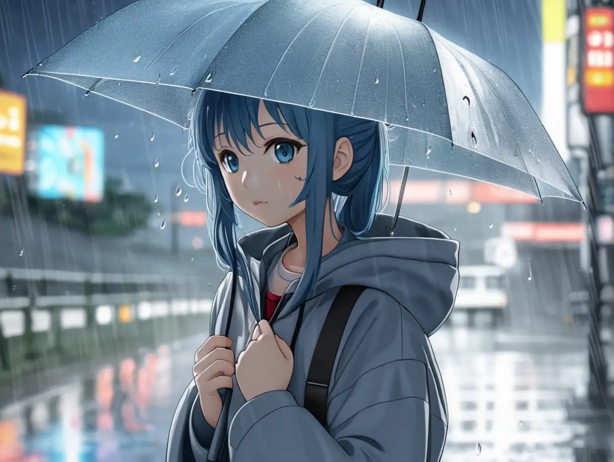 Adorable Anime Girl in a Tranquil Rainy Scene