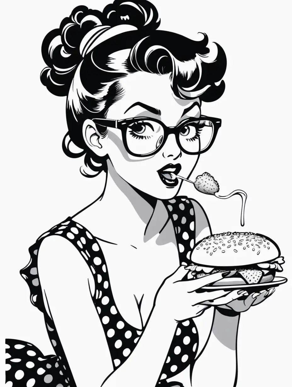 black and white, cute pinup girl with glasses eating, illustrated style with white background