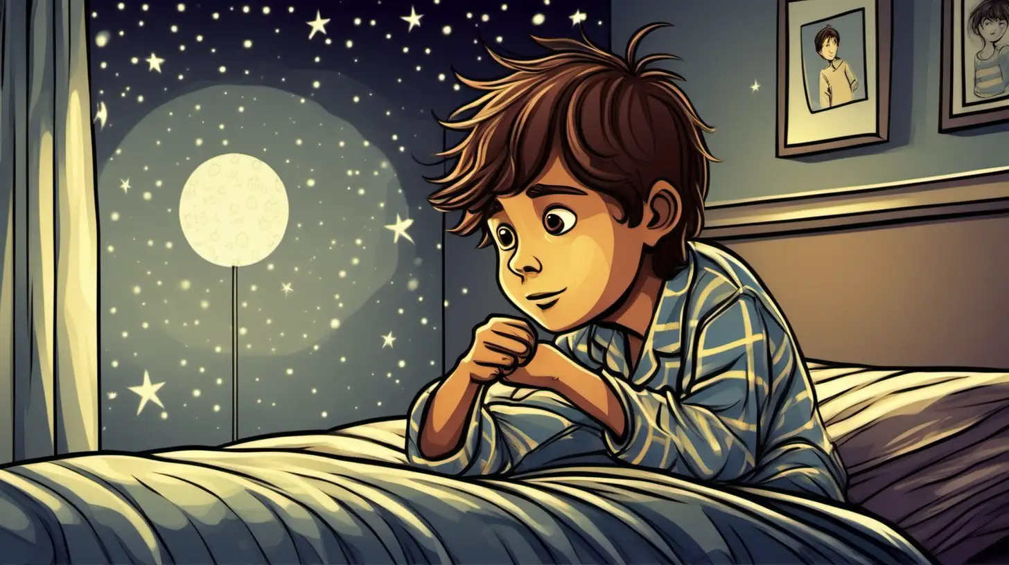 illustrate illustrate a ten years old brown hair boy wearing pajamas in the bedroom, night time