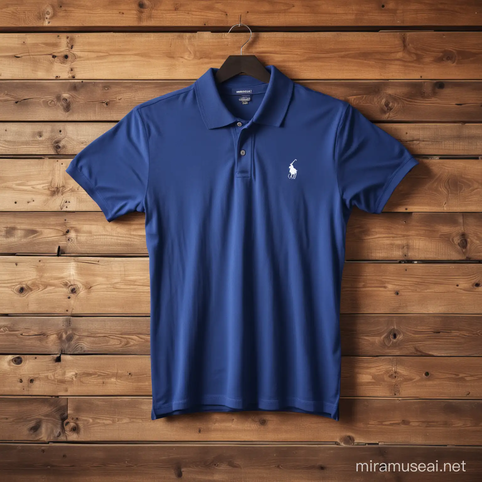 royal blue polo t shirt hanging on wooden wall with nail