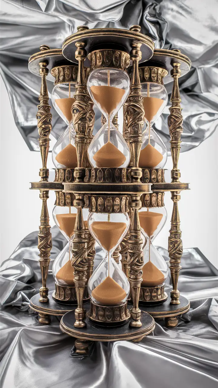  Timemachine made from 6 hourglasses. Banks are situated from up to dwon. golden sand inside. Hourglass stands on silver wrinkled fabric. Clear white backround.