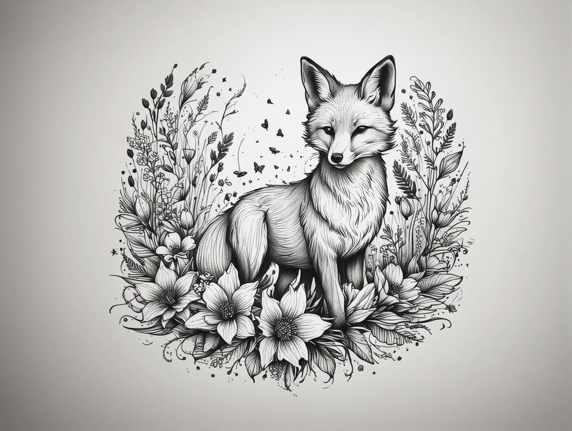 Erstelle ein einfaches, aber kunstvolles Schwarz-Weiß-Tattoo-Design in Linework-Stil. Das Design soll einen Fuchs zeigen, der in einem Blumenfeld spielt. Bitte halte das Design minimalistisch mit klaren Linien und wenig Details, um es als Tattoo-Vorlage zu verwenden.