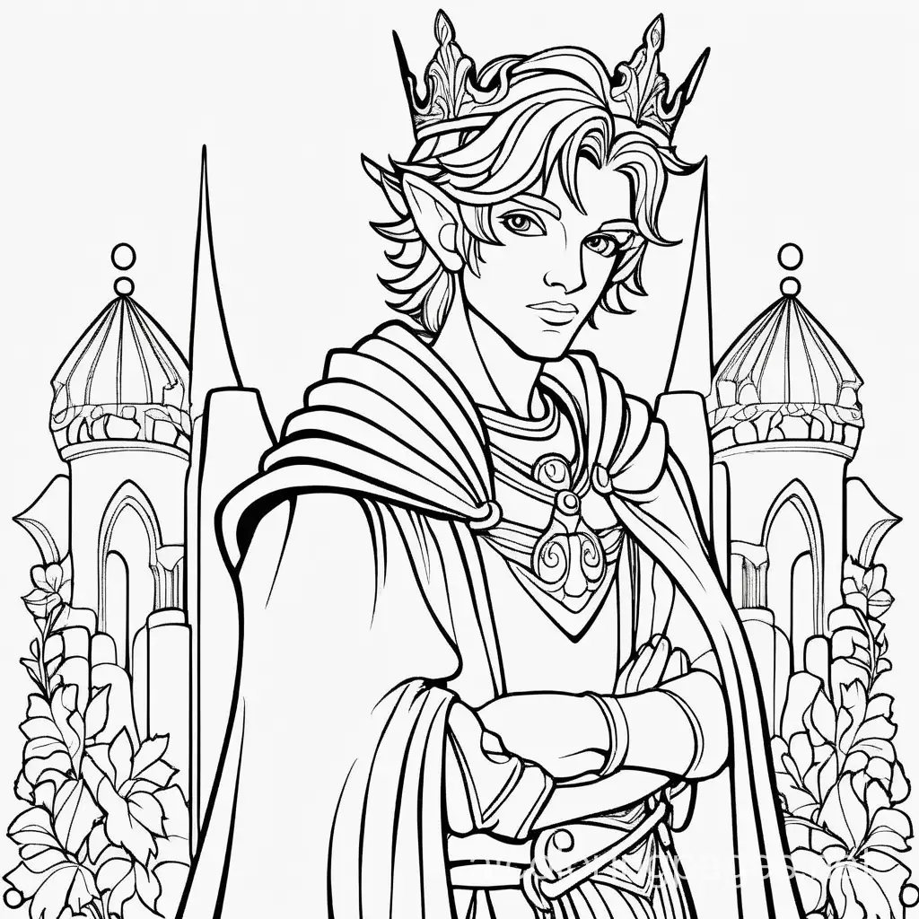 fae prince, Coloring Page, black and white, line art, white background, Simplicity, Ample White Space. The background of the coloring page is plain white to make it easy for young children to color within the lines. The outlines of all the subjects are easy to distinguish, making it simple for kids to color without too much difficulty