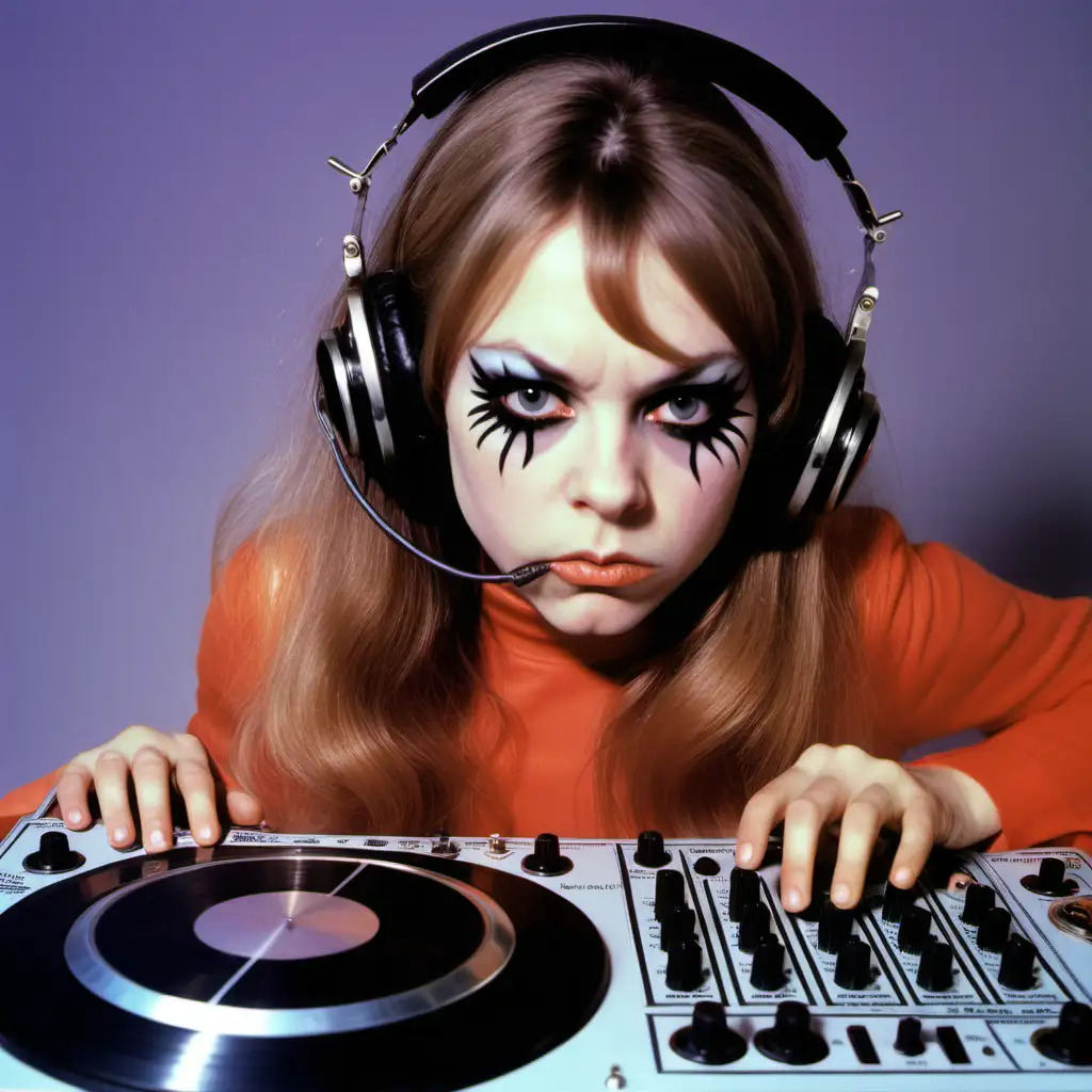 Imagine an angry pouty Veruca Salt DJ'ing from 1971 a techno rave with black eyeliner
