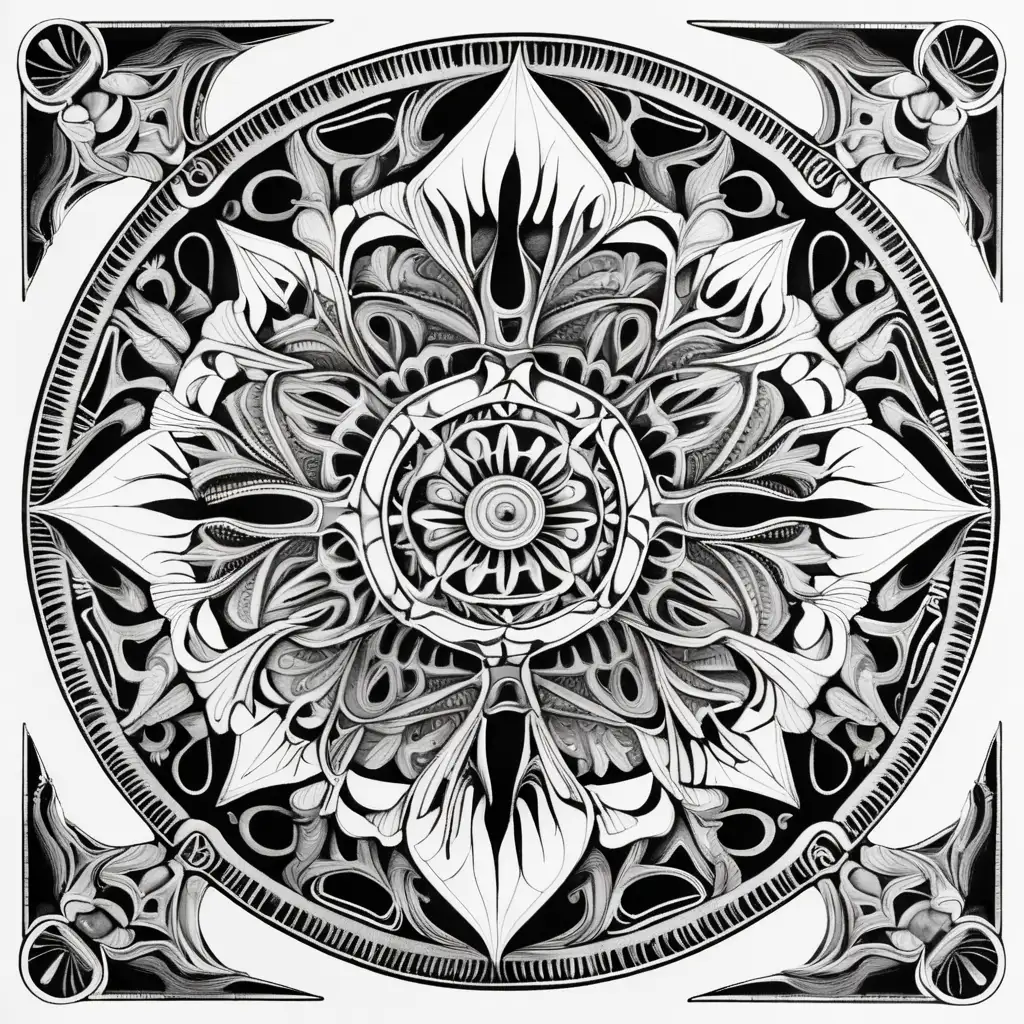 Craft a captivating scary mandala design suitable for coloring. Begin by centering the design of a star child based on the style of H.R Giger intricate and symmetrically arranged abstract elements to form a balanced and engaging mandala pattern. Focus on creating clean and clear outlines that allow for easy coloring. Ensure the design provides ample space for creativity and coloring intricacies. Aim for a harmonious blend of abstract elements, creating an engaging and relaxing coloring experience for enthusiasts.