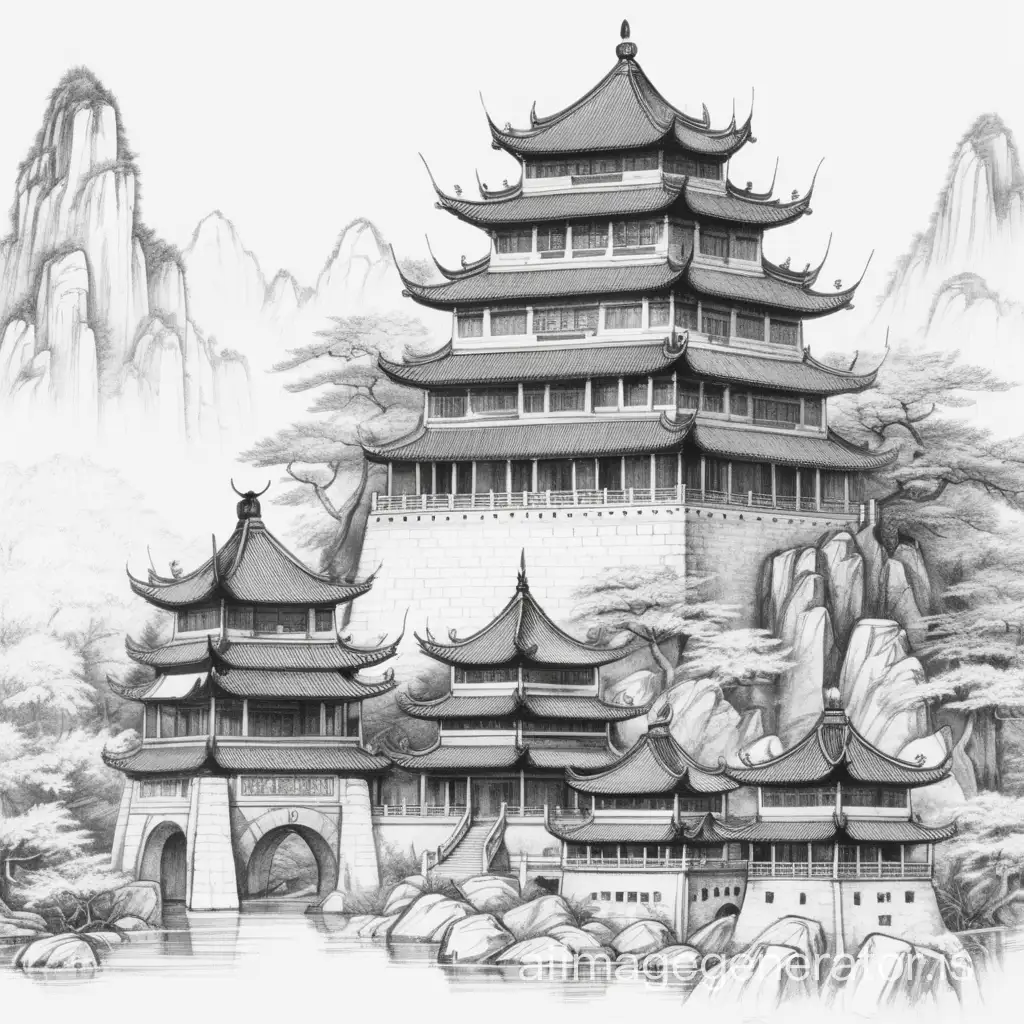 Liner drawing, Chinese style castle