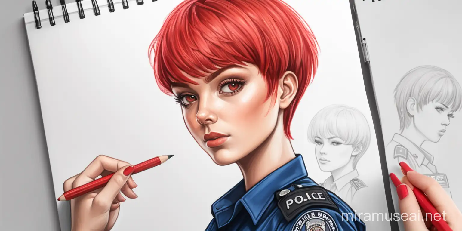 Draw a female police worker with red short hair cut