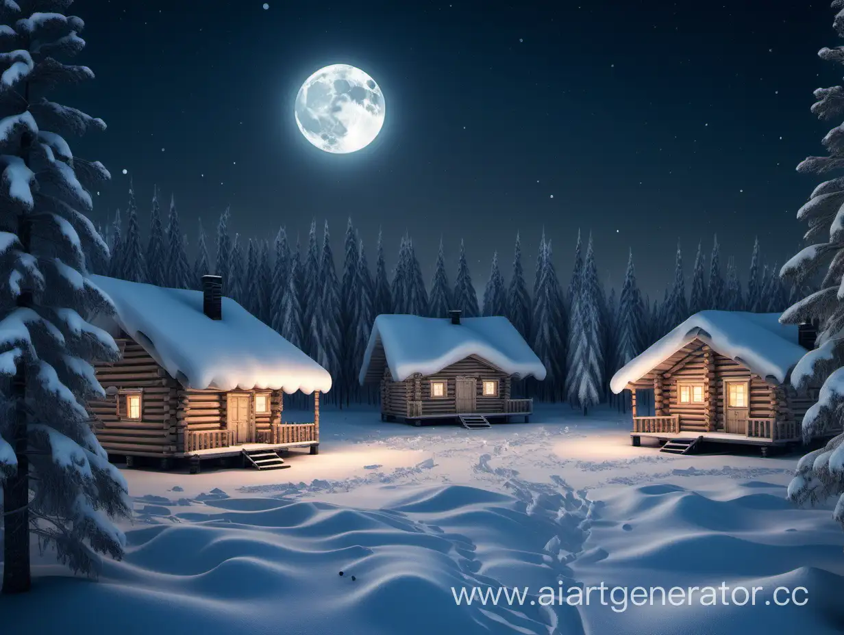 Enchanting-Winter-Night-Russian-Village-with-Log-Cabins-in-Pine-Forest