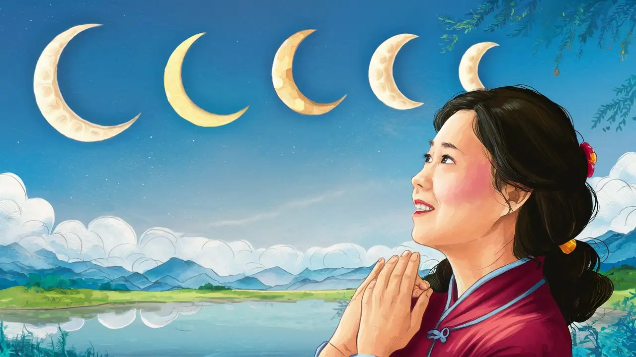 晴朗的天空排列着5个月亮，依次是圆的，月牙，中国妈妈看着这些月亮，脸上是羡慕的眼神