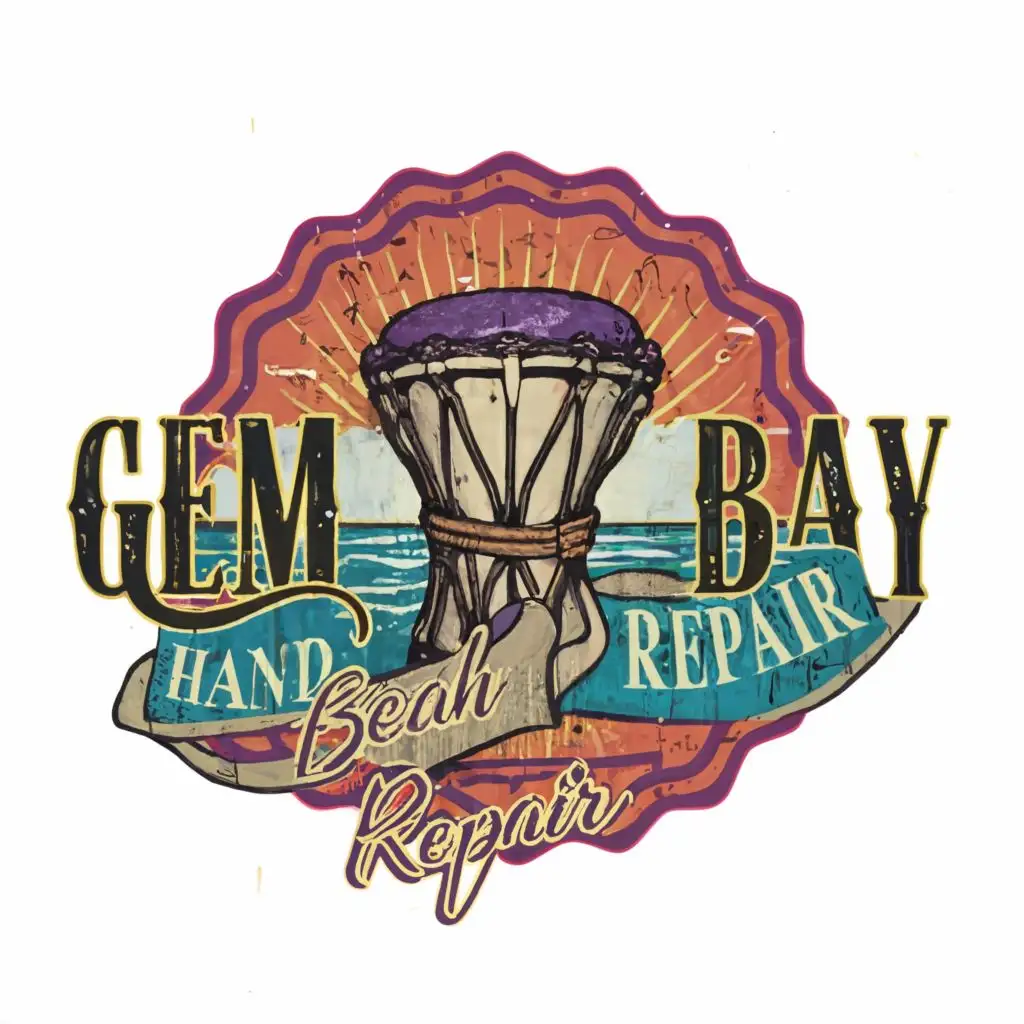 logo, Djembe; purple top Gem, bottom beach Bay, with the text dark purple "Gem Bay", typography with text "Hand Percussion Repair" surounding logo